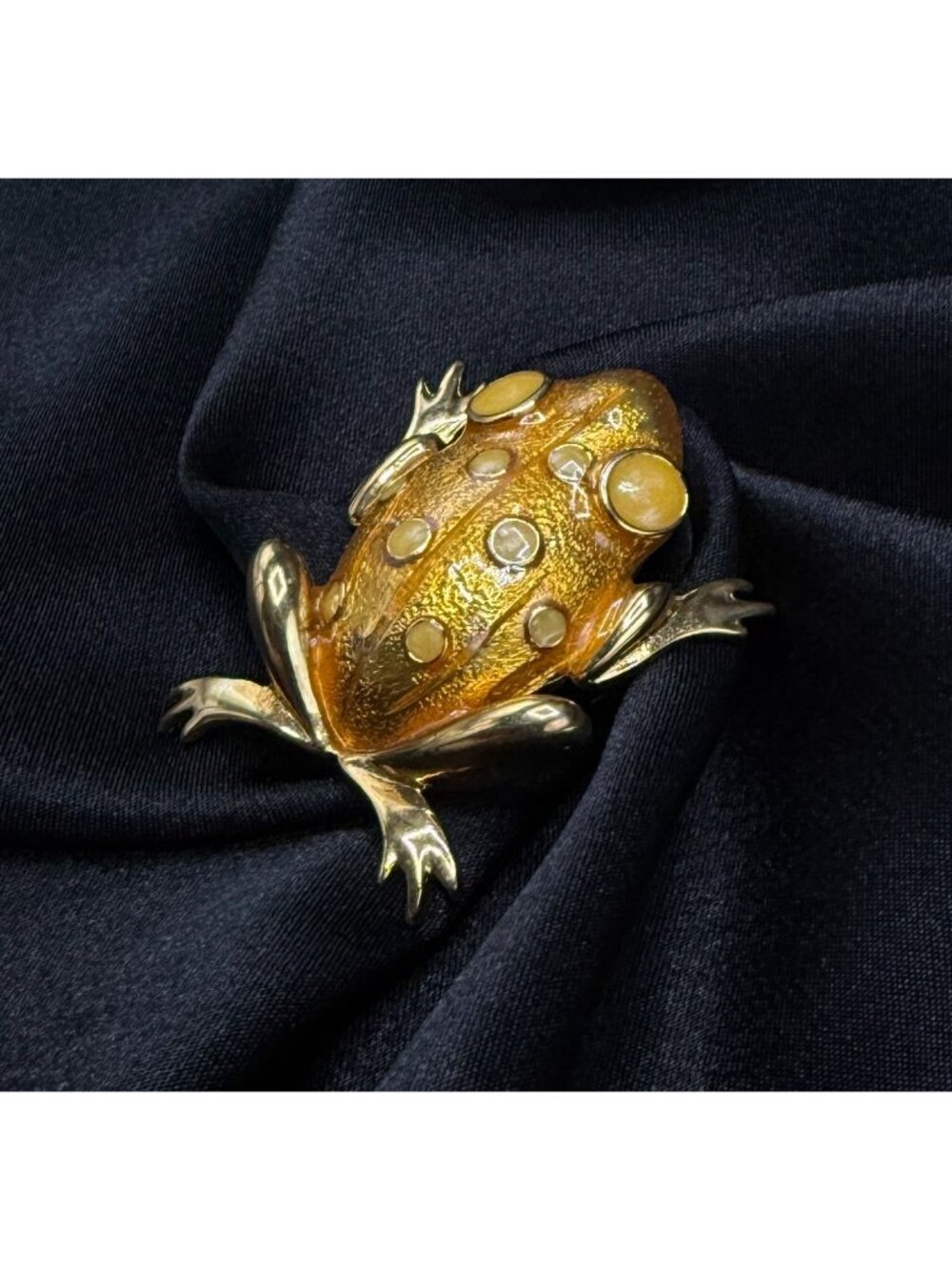 Rare Find Vintage MJ.ENT Gold-Tone Frog Brooch With Yellow Enamel